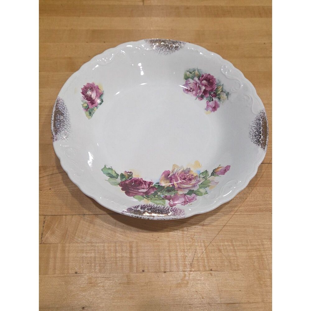 Antique Semi-Vitreous Pink Rose Bowl Naomi Pattern 9 Inch Gold Trim